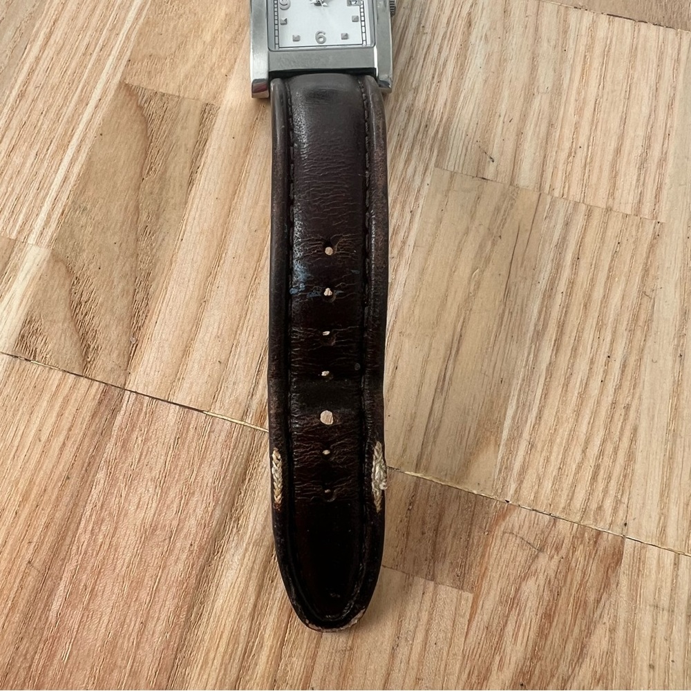 Bulova rectangular silver tone brown leather watc… - image 5